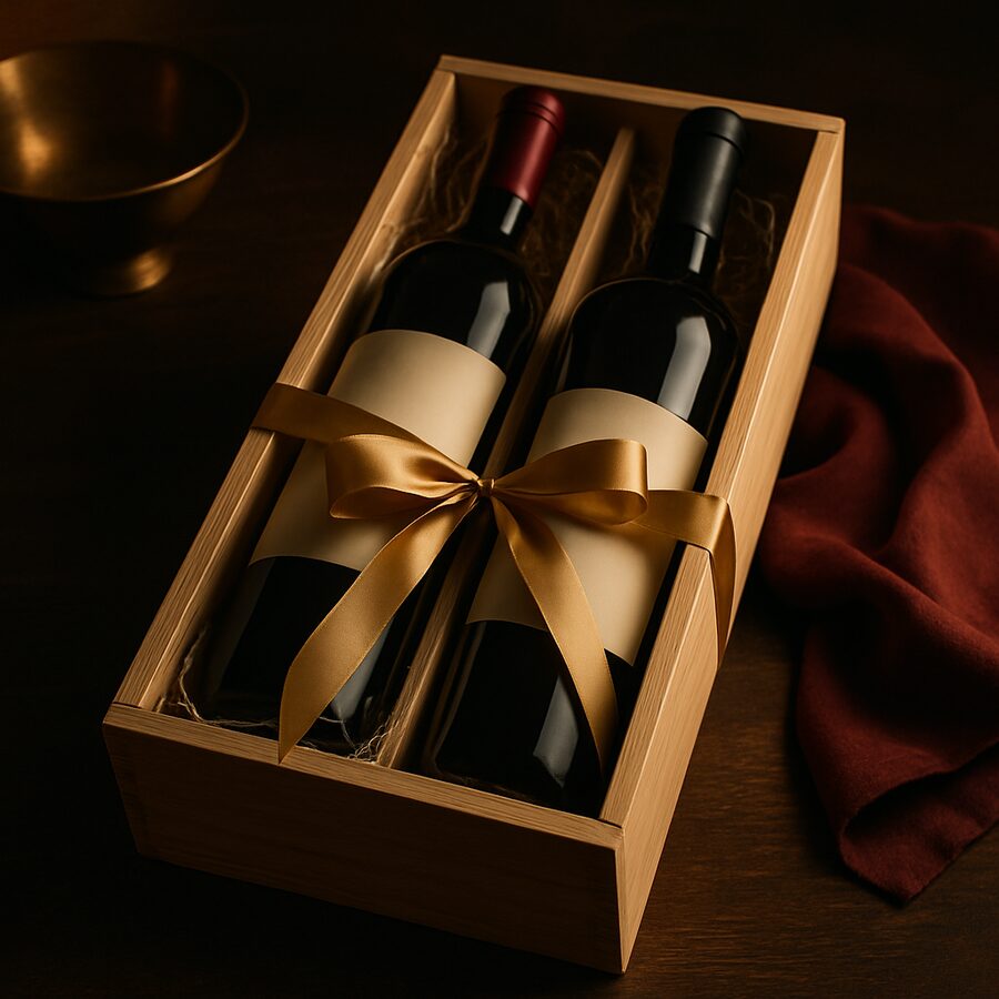 Coffret cadeau en bois avec deux bouteilles de vin et un ruban doré