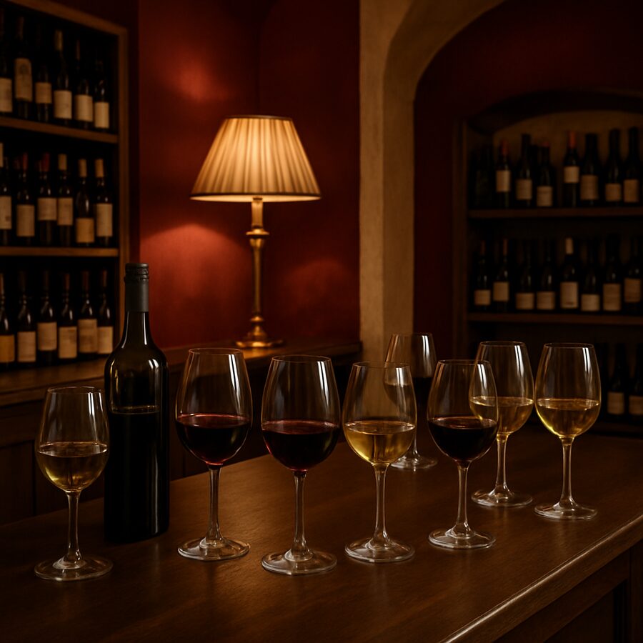 Comptoir de dégustation avec plusieurs verres de vin
