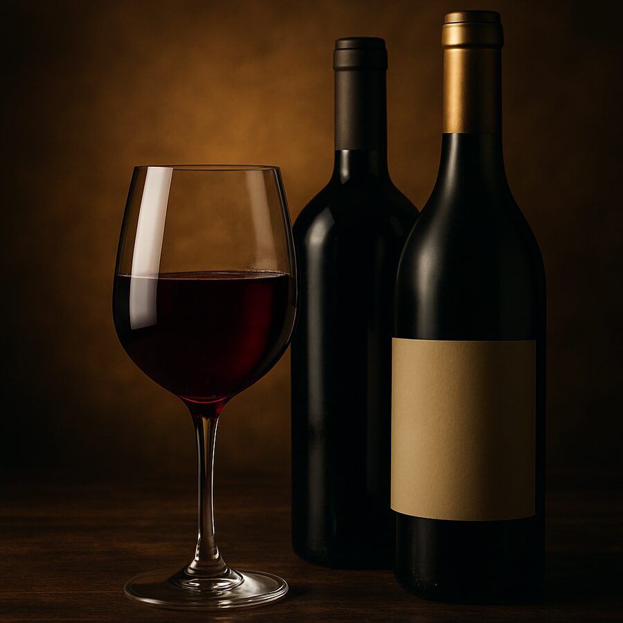 Verre de vin rouge et bouteilles élégantes sur un bois sombre