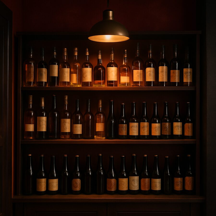 Étagères de spiritueux et de bières dans la cave